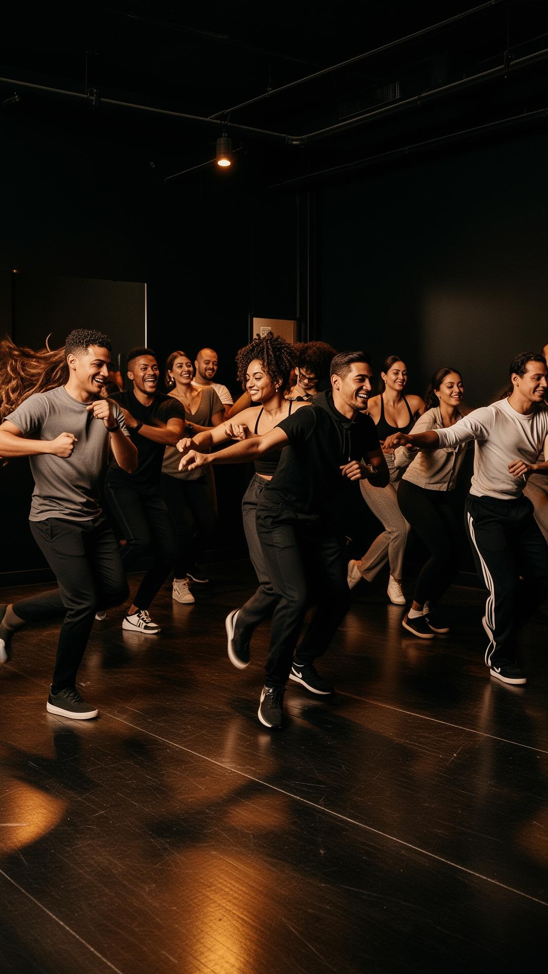 A diverse group of adults dancing together at Tribu